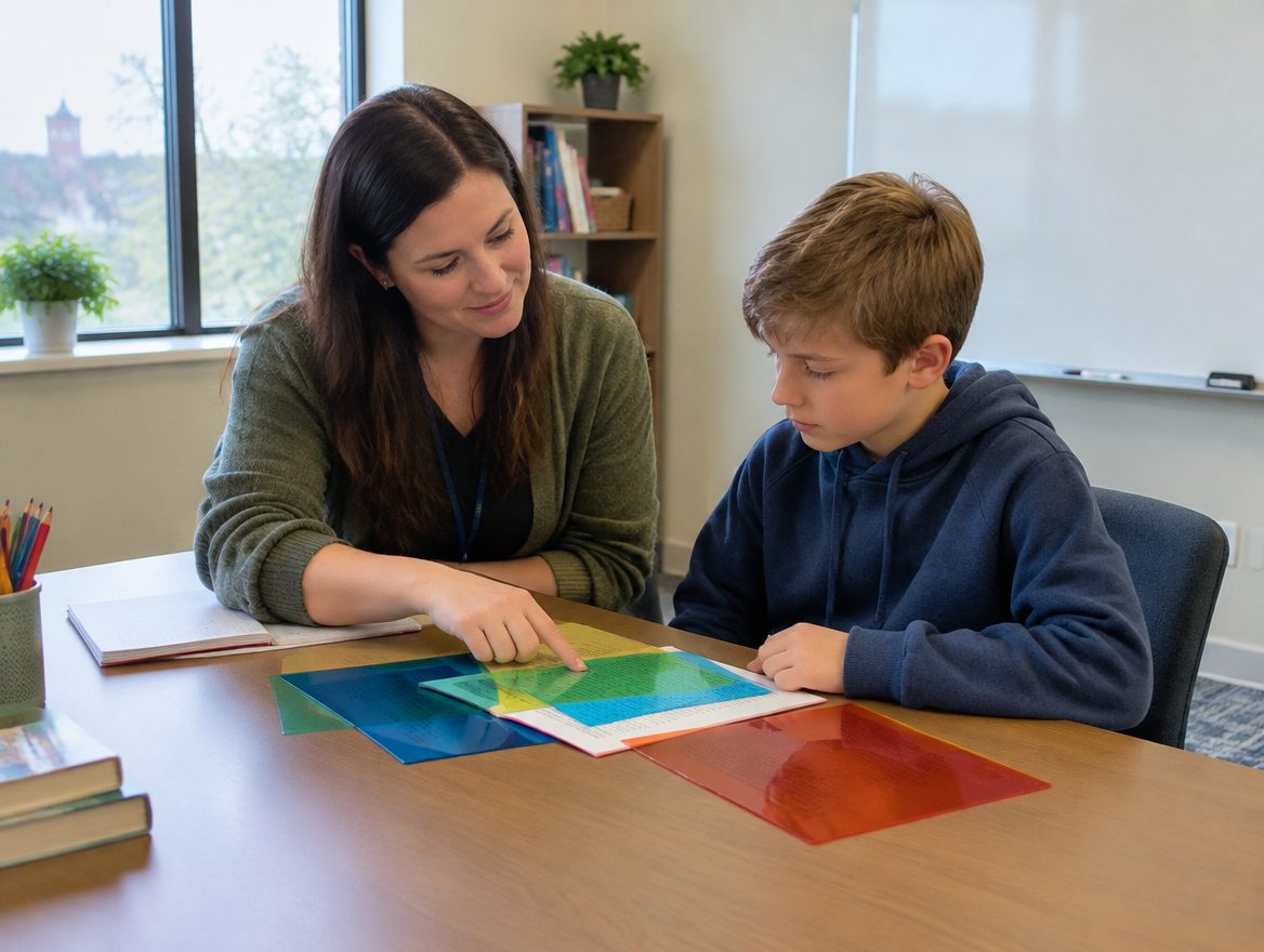 Specialist teacher helping a student with reading